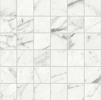 Trilogy Calcatta white marble-looking porcelain tile in 2x2 square mosaic from Atlas Concorde USA- sample