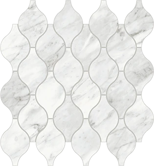 Trilogy Carrara Classic white marble-looking porcelain tile in Arabesque mosaic from Atlas Concorde USA- sample