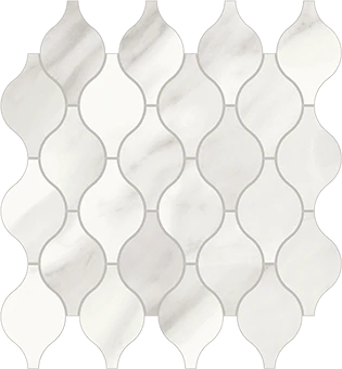 Trilogy Volakas Royal white marble-looking porcelain tile in Arabesque mosaic from Atlas Concorde USA- sample