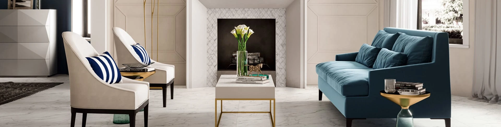 Beautiful porcelain tile living room with a marble look from the Atlas Concorde USA Trilogy Collection