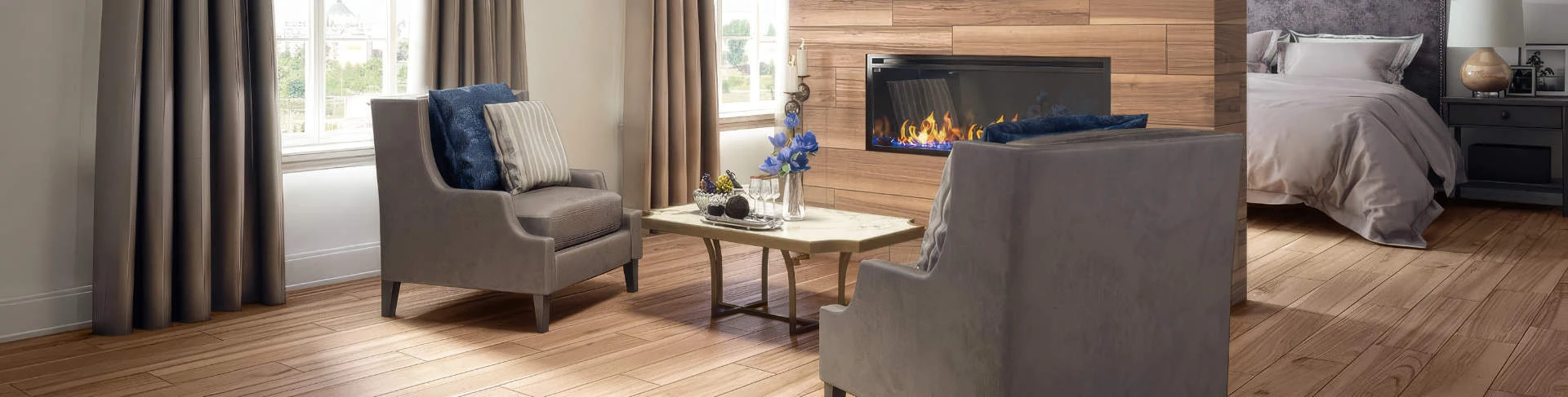 Atlas Concorde USA - Wild Beige creating warmth and sophistication on bedroom floor; Fireplace featuring the rich, natural beauty of Wild Brown