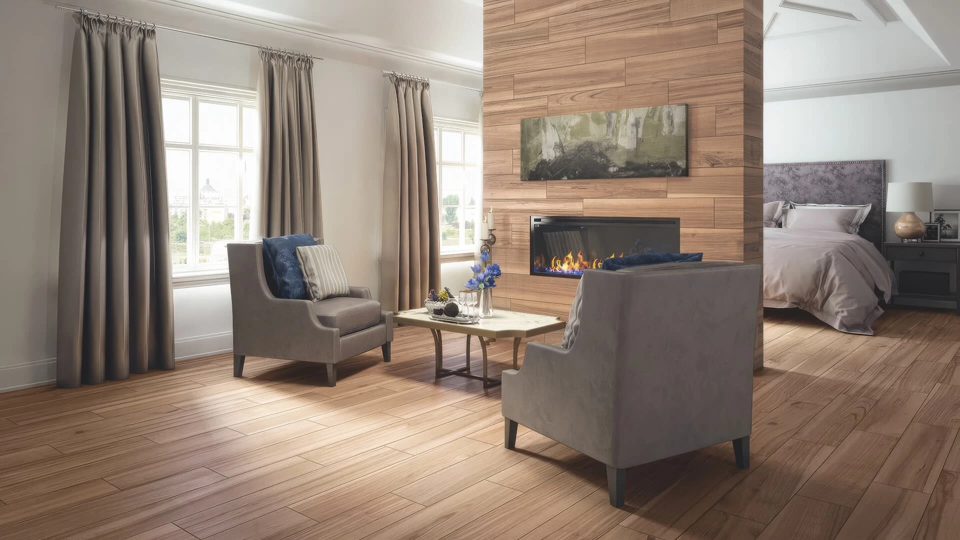 Atlas Concorde USA - Wild Beige creating warmth and sophistication on bedroom floor; Fireplace featuring the rich, natural beauty of Wild Brown