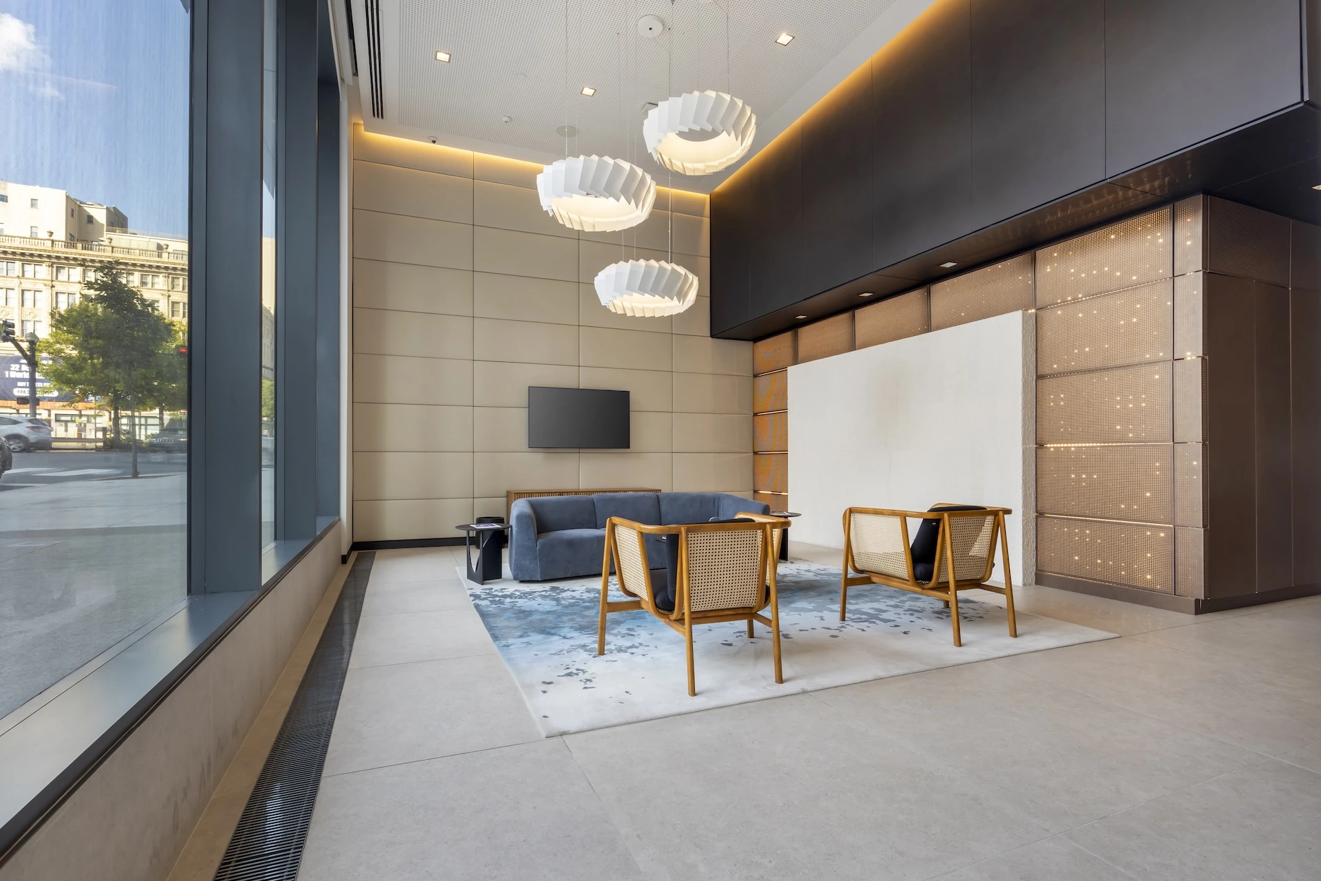 The Prime Building lobby fitted with Atlas Concorde large porcelain slabs in Boost Stone White