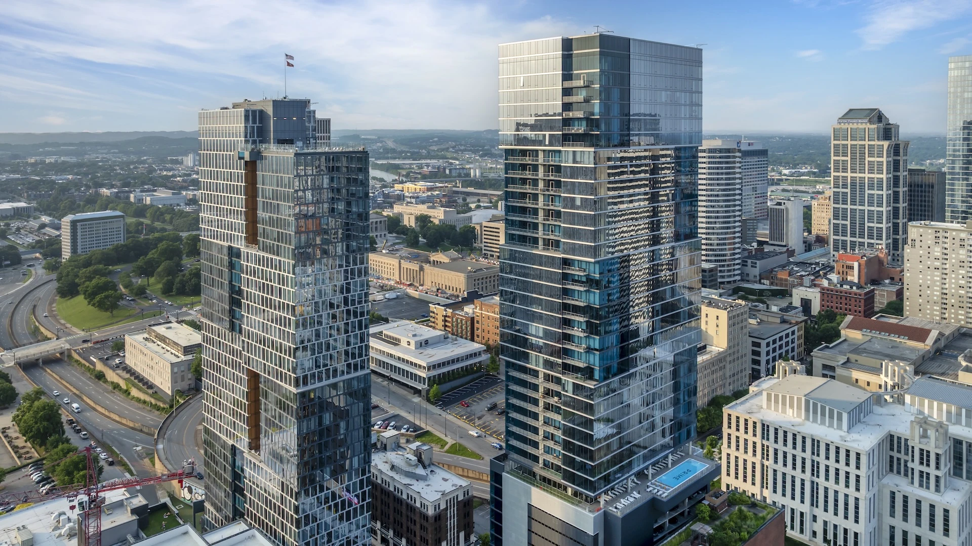 Drone view of The Prime Building in Nashville. Architecture: Goettsch Partners
