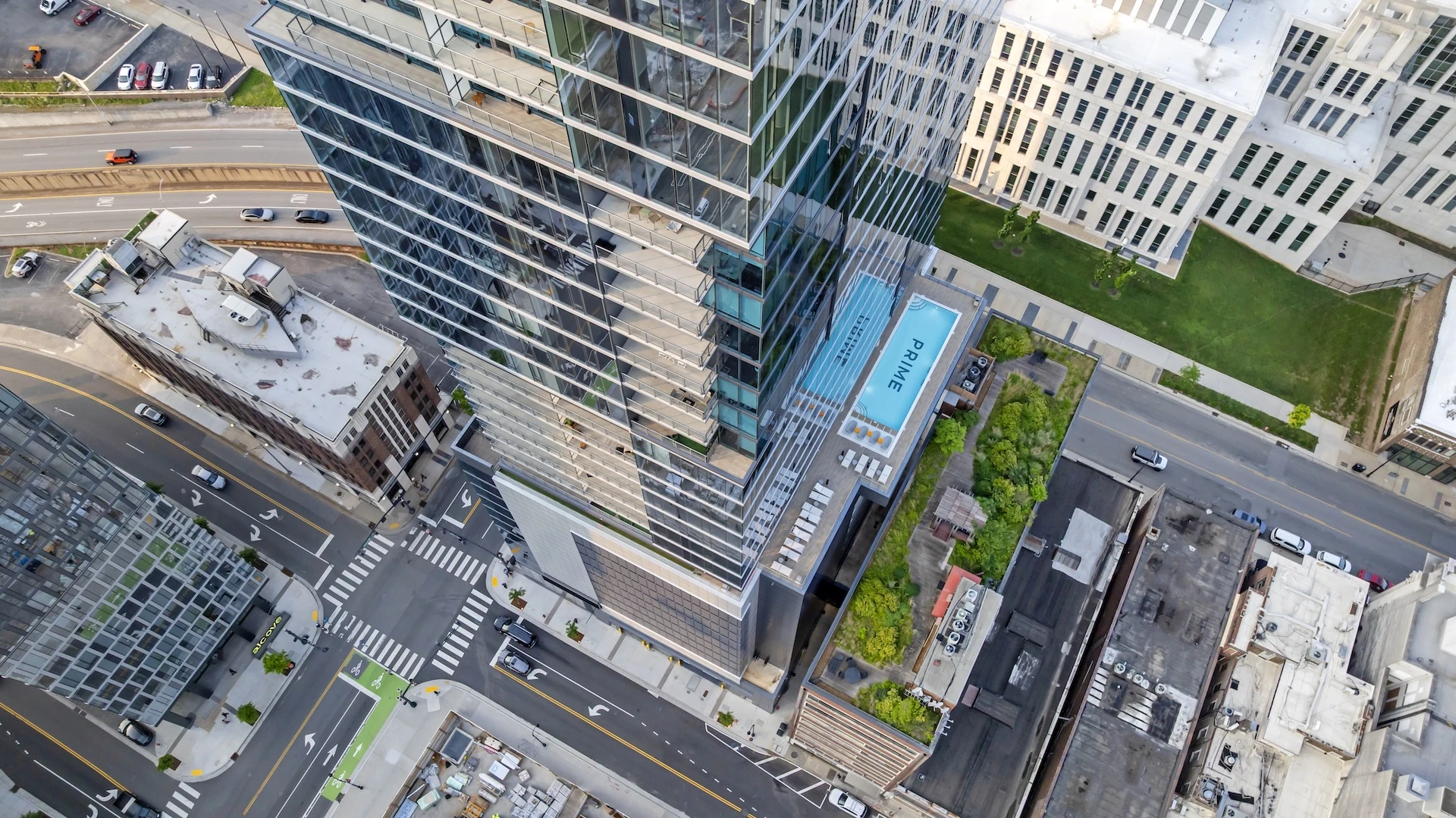 Drone view of the pool area of The Prime Building in downtown Nashville.
